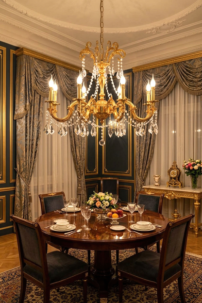 Sidonie Scrolled Brass Crystal Chandelier illuminating an elegant dining room with rich decor.