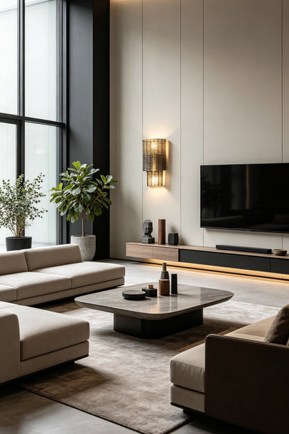 Sovereign Lattice Smoky Glass Wall Lamp illuminating a modern living room with elegant furniture and decor.