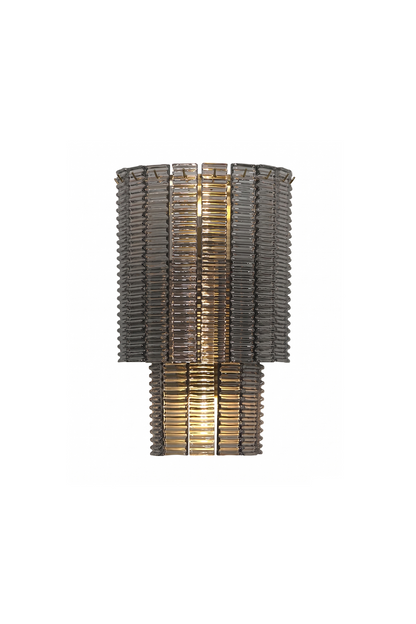 Sovereign Lattice Smoky Glass Wall Lamp showcasing a multi-tiered arrangement of smoky gray glass links.