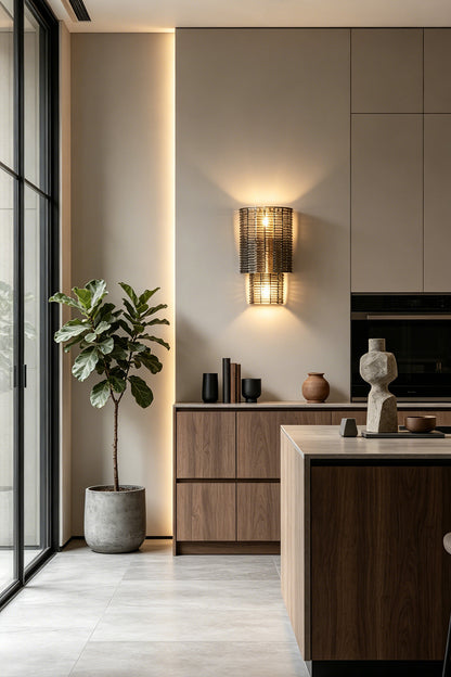 Sovereign Lattice Smoky Glass Wall Lamp illuminating a modern kitchen space with stylish decor.