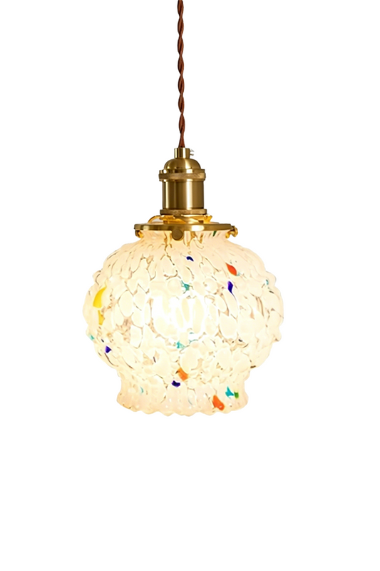 Speckled Bubble Glass Pendant Lamp | Glass, Metal | Fully lit retro-inspired pendant light with a bumpy speckled glass shade featuring colorful flecks and a brushed brass fixture | Isolated lit product shot on white background | vexa lamps
