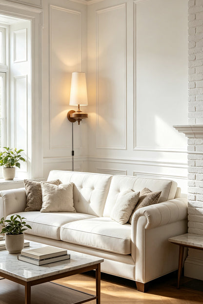 Spindle Walnut Wood Wall Sconce illuminated beside a cozy white couch in a bright, elegant living room.