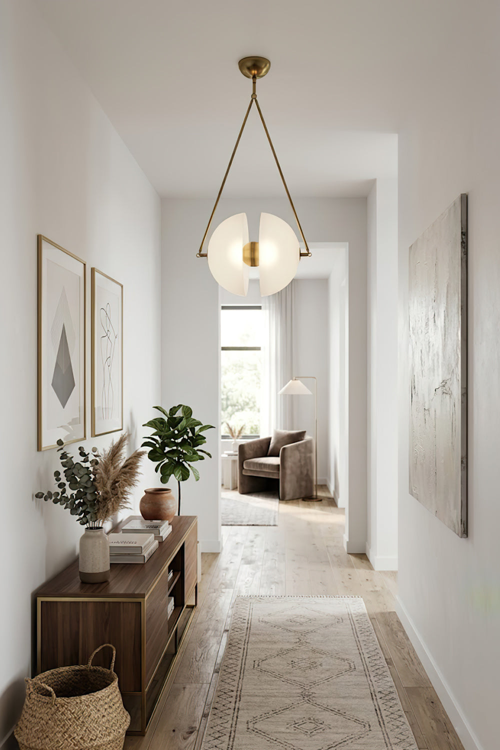 Elegant white glass hemisphere pendant | Metal, Glass | Perspective view in a minimalist corridor | vexa lamps