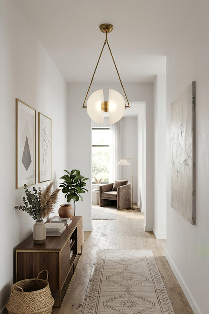 Elegant white glass hemisphere pendant | Metal, Glass | Perspective view in a minimalist corridor | vexa lamps
