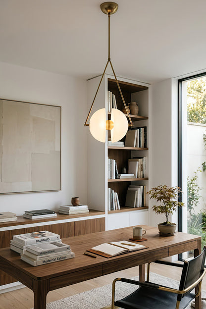 Split hemisphere oyster glass pendant | Metal, Glass | Centered in a home library over a large desk | vexa lamps
