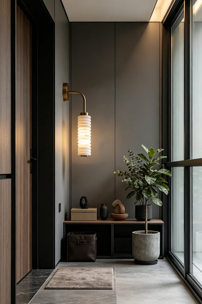 Stacked Strata Alabaster Wall Lamp | Metal, Alabaster | Lit lamp in minimal dining and console area | vexa lamps