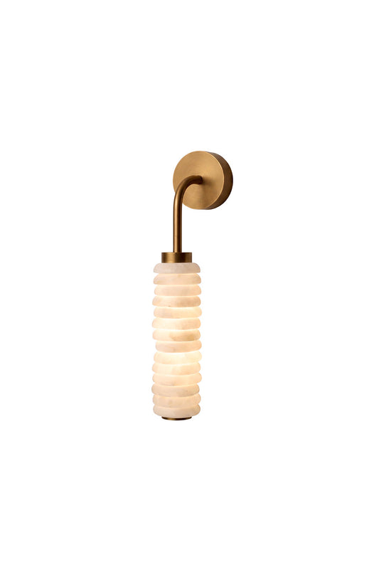 Stacked Strata Alabaster Wall Lamp | Metal, Alabaster | Lit, round brass backplate, cylindrical stacked alabaster shade | Isolated product shot | vexa lamps