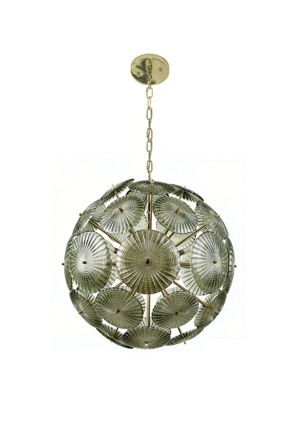 Lit spherical sunburst glass disc chandelier | Metal, Glass | Full front product shot | morylighting