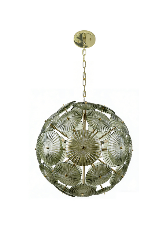 Lit spherical sunburst glass disc chandelier | Metal, Glass | Full front product shot | morylighting