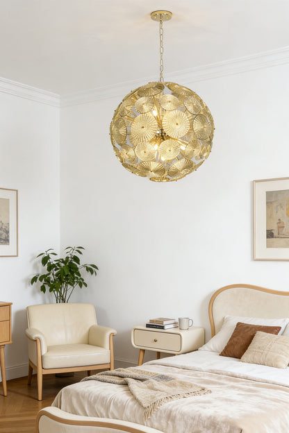 Lit spherical glass pendant light | Metal, Glass | Installed in a classic bedroom over a bed | morylighting