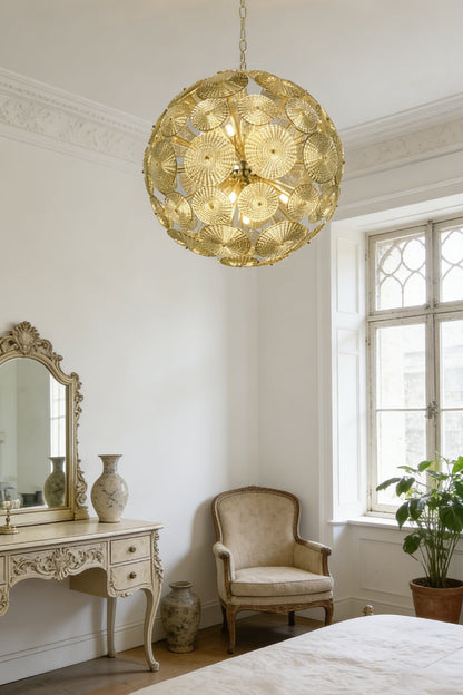 Lit spherical glass disc chandelier | Metal, Glass | Installed in a sunlit living room corner | morylighting