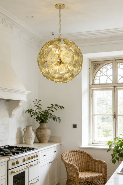 Lit spheres modern classic glass lamp | Metal, Glass | Installed in a bright kitchen over a marble counter | morylighting