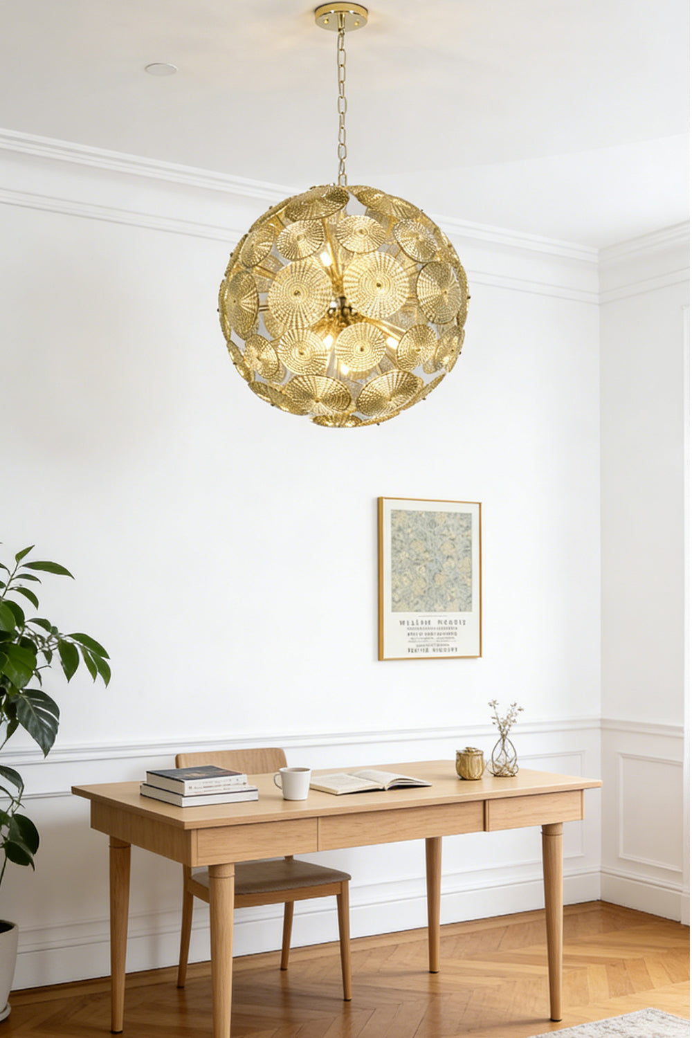 Lit mod-century spherical glass light | Metal, Glass | Installed in a classic home office above a desk | morylighting