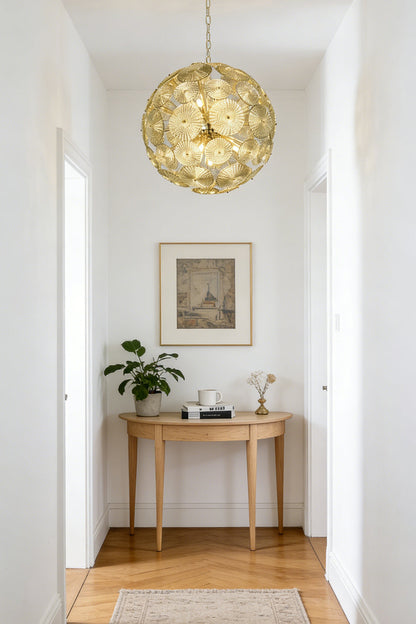 Lit modern classic spheres chandelier | Metal, Glass | Installed at the end of a corridor over a console table | morylighting