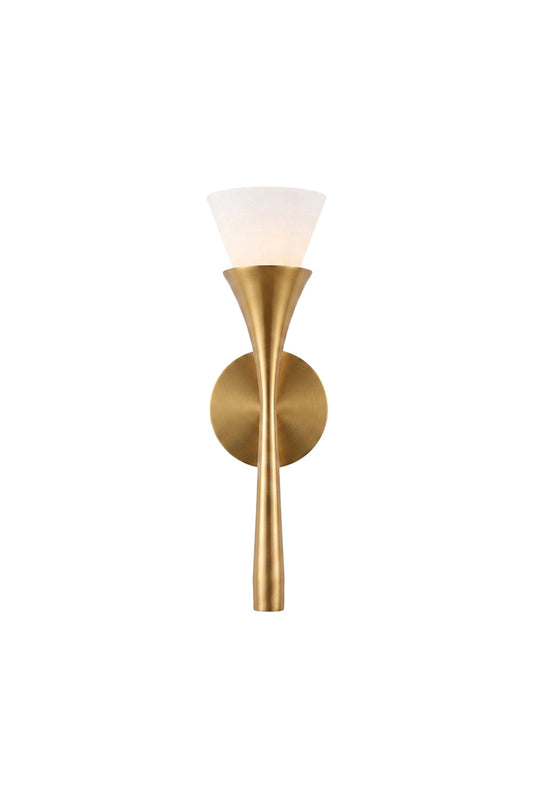 Sylvain Modern Torch Wall Sconce featuring a metallic trumpet-shaped stem and frosted glass shade.