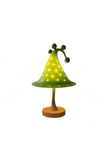 Sylvan Astral Resin Table Lamp | Green star pattern shade | Lit product shot | Standard wood-look base | Isolated white background | vexa lamps
