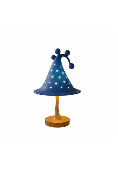 Sylvan Astral Resin Table Lamp | Blue star pattern shade | Unlit product shot | Dark blue finish | Wood-look base | Isolated white background | vexa lamps