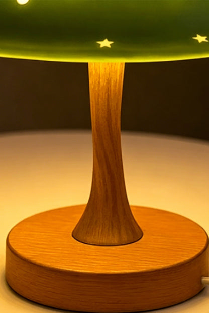 Sylvan Astral Resin Table Lamp | Blue star pattern shade | Unlit product shot | Dark blue finish | Wood-look base | Isolated white background | vexa lamps