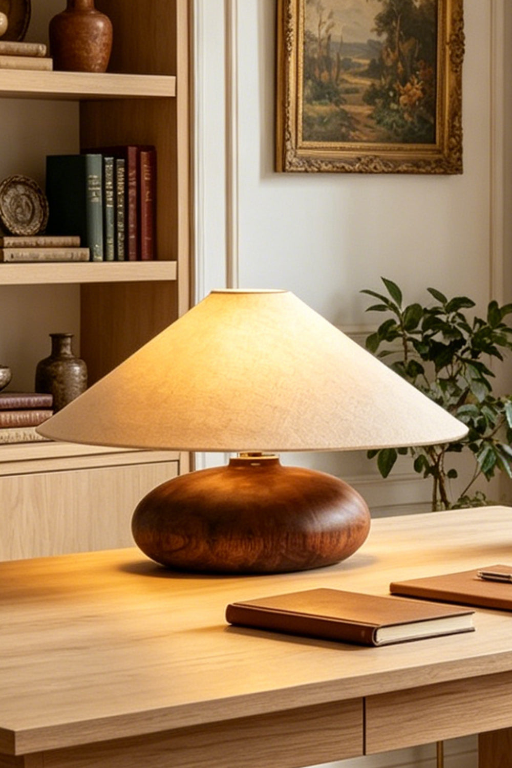 Sylvan Oval Walnut Table Lamp | Wood, Fabric, Metal | Sitting on a wooden writing desk next to a notebook, casting soft warm light | vexa lamps
