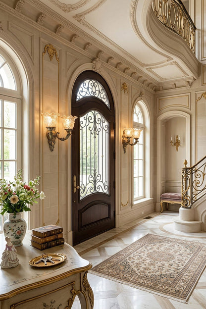 Elegant entryway with Sylvestre Petal Glass Brass Wall Lamp illuminating the space and highlighting classic decor.