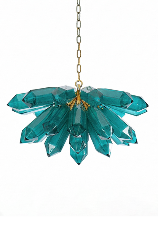 Cluster of teal glass prism crystals with gold chain | Metal | Glass | Front view isolated on white background | vexa lamps