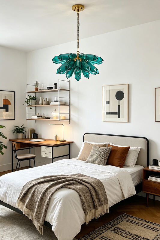 Teal gemstone-inspired cluster chandelier | Metal | Glass | Installed in a modern bedroom over a bed | vexa lamps