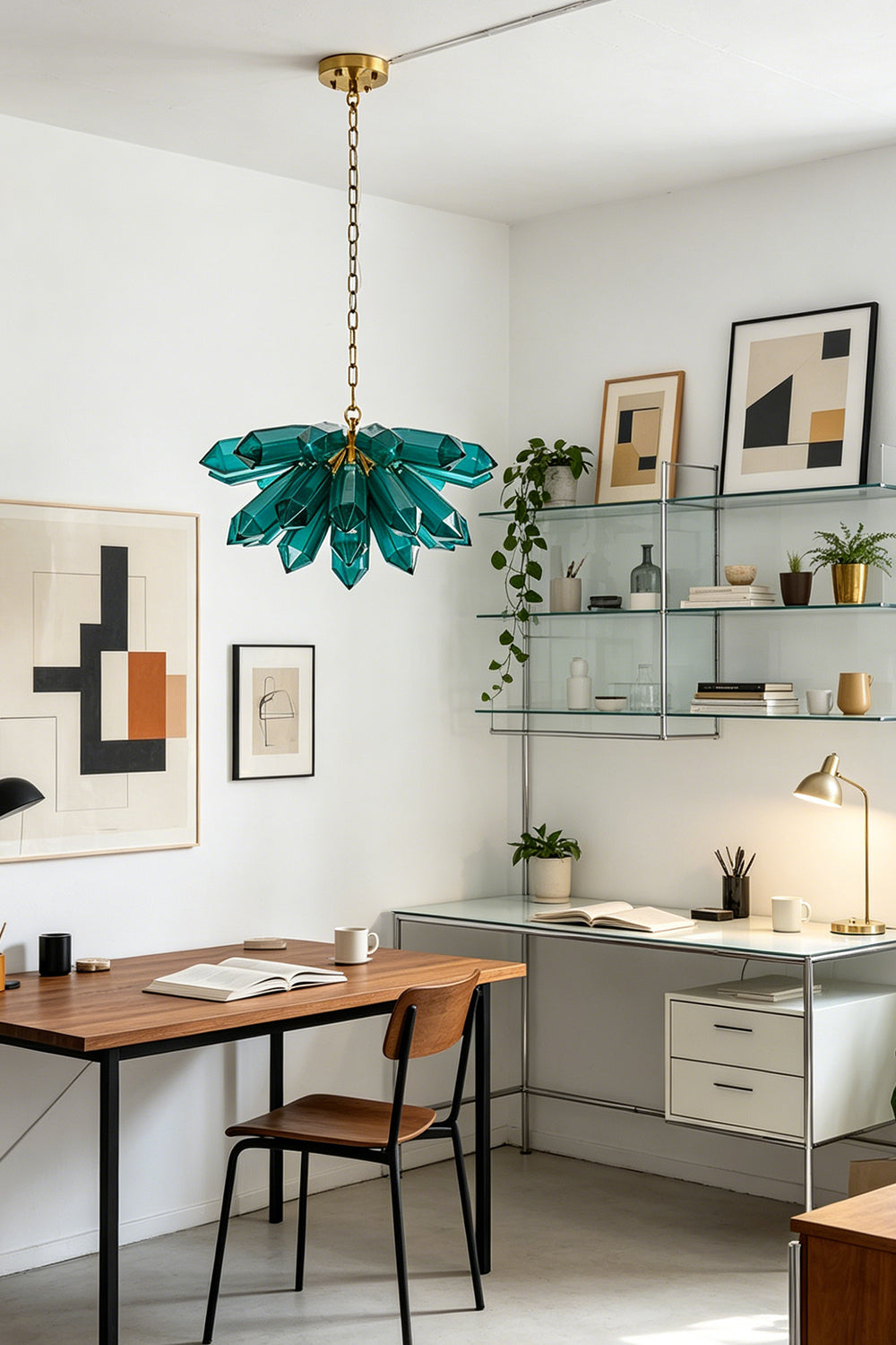 Teal prism cluster chandelier for workspace | Metal | Glass | Installed in a contemporary study with desk and shelving | vexa lamps