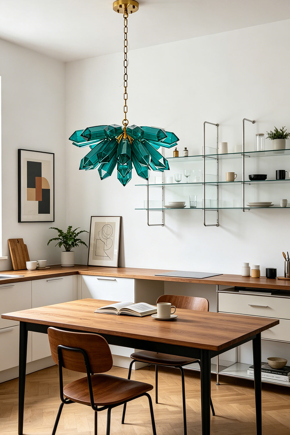 Teal crystal-like cluster chandelier | Metal | Glass | Installed in a kitchen or studio with white cabinets | vexa lamps