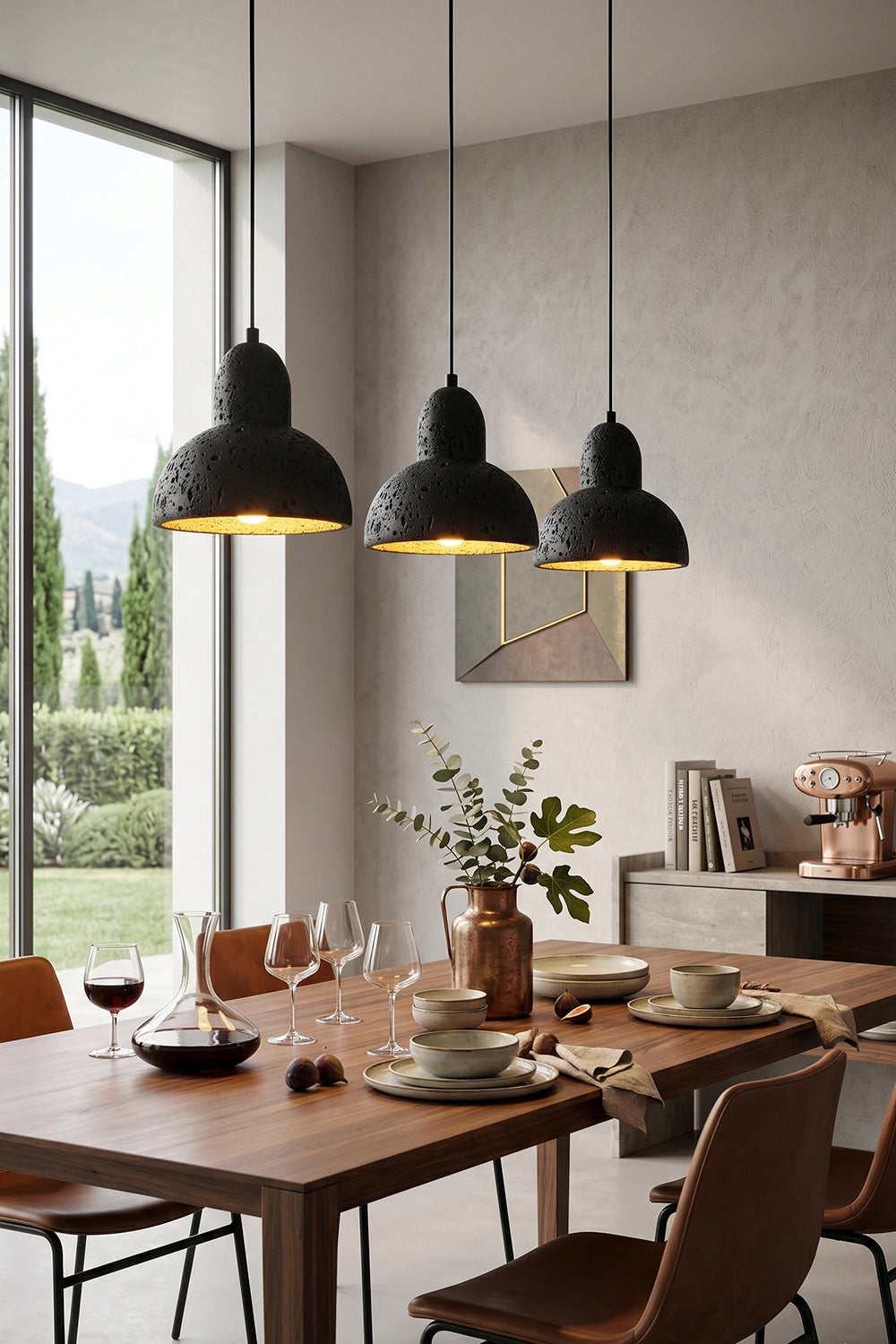 Three Black Travertine Pendant Lights | Black Travertine, Metal | Dining table arrangement in contemporary room | vexa lamps