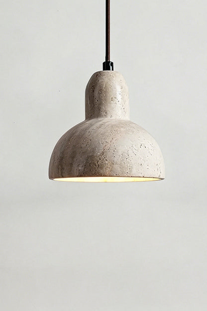 Lit Beige Travertine Pendant Light | Beige Travertine, Metal, Glass | Close-up showing warm upward and downward glow | vexa lamps