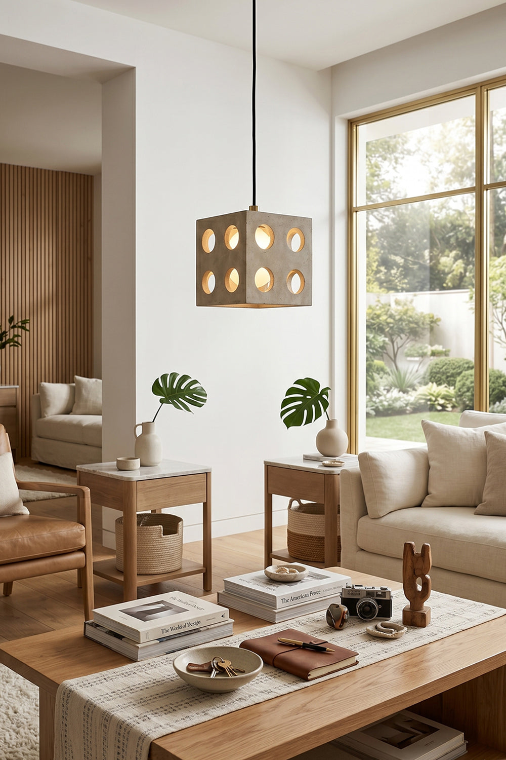 Terra Cube Travertine Pendant Light | Travertine, Metal | Above coffee table in living room interior | vexa lamps