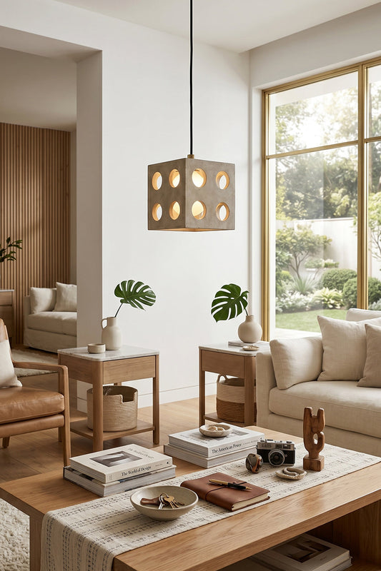 Terra Cube Travertine Pendant Light | Travertine, Metal | Above coffee table in living room interior | vexa lamps