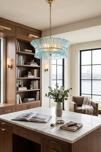 Thalassa Aquamarine Textured Glass Chandelier | Glass, Metal | Positioned as a luxury accent light fixture in a sophisticated home executive workspace featuring a large desk and built-in library shelves | vexa lamps