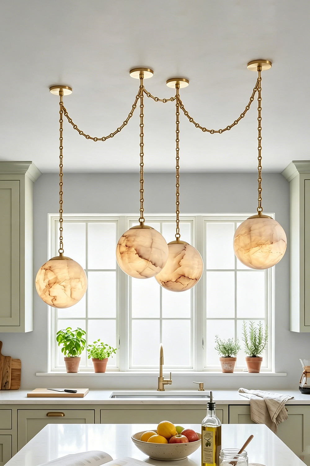 Thalia Alabaster Spherical Chain Chandelier with hand-carved alabaster spheres and brushed links.