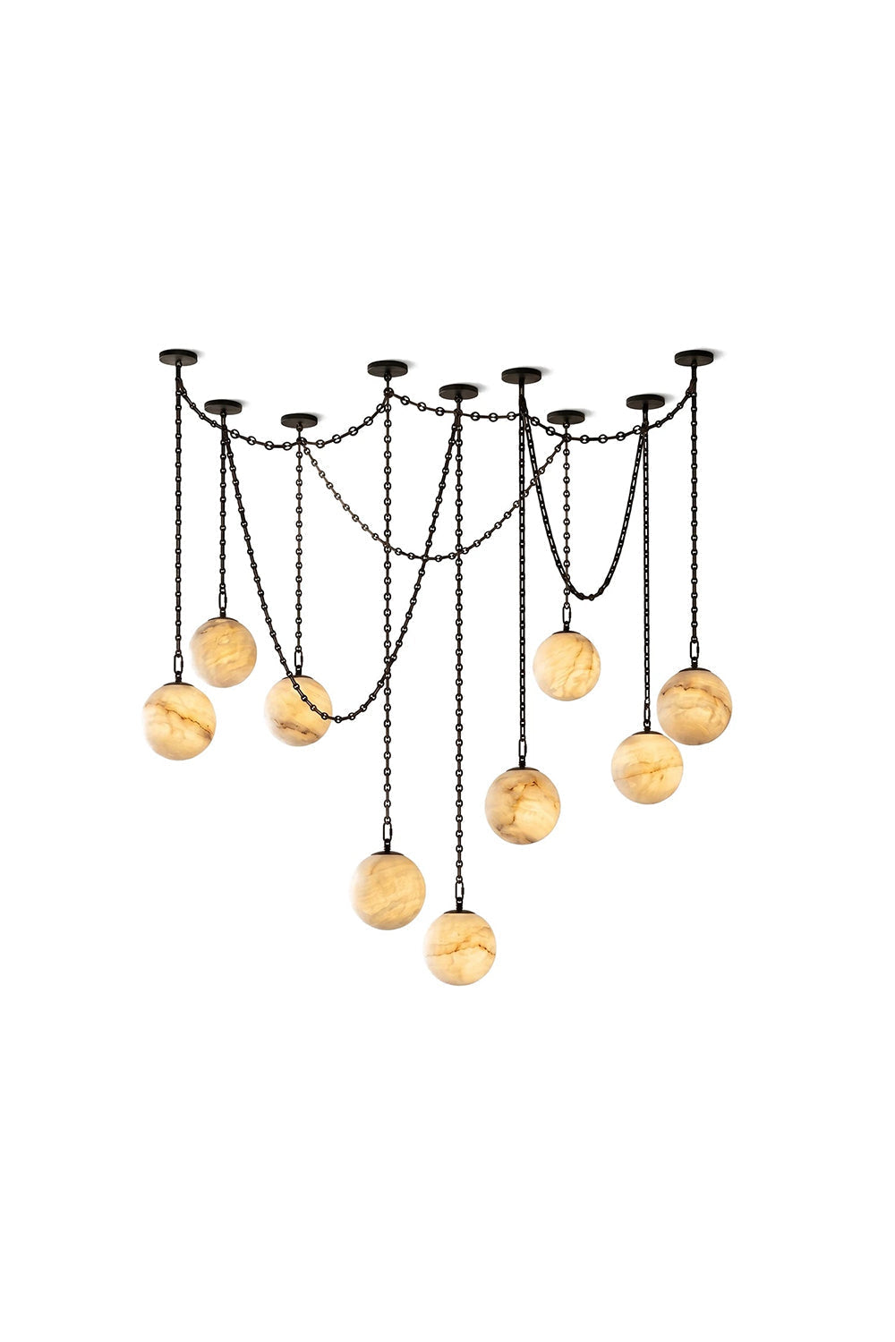Thalia Alabaster Spherical Chain Chandelier with hand-carved alabaster spheres in brushed gold links.