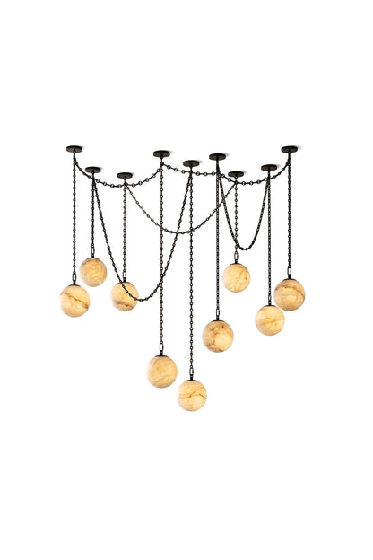 Thalia Alabaster Spherical Chain Chandelier with hand-carved alabaster spheres in brushed gold links.