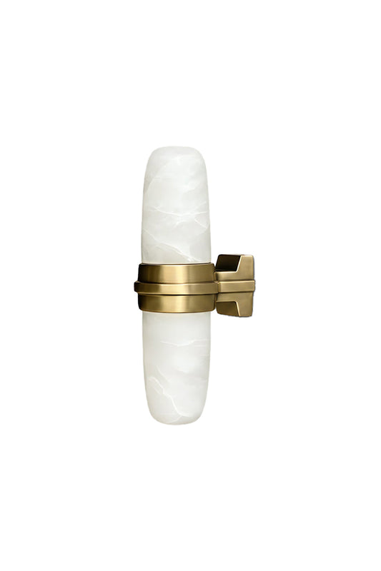 Theron Linear Alabaster Wall Lamp | Alabaster, Metal | Sleek linear capsule-shaped white alabaster wall sconce with a brushed gold brass central band fixture | Isolated product shot on white background | vexa lamps