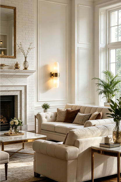 Theron Linear Alabaster Wall Lamp | Alabaster, Metal | Positioned as luxury accent lighting in a spacious classical living room above a cream sofa and next to a fireplace | vexa lamps