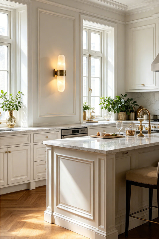 Theron Linear Alabaster Wall Lamp | Alabaster, Metal | Mounted on a white wall in a bright luxury kitchen area near a pristine white marble island counter | vexa lamps