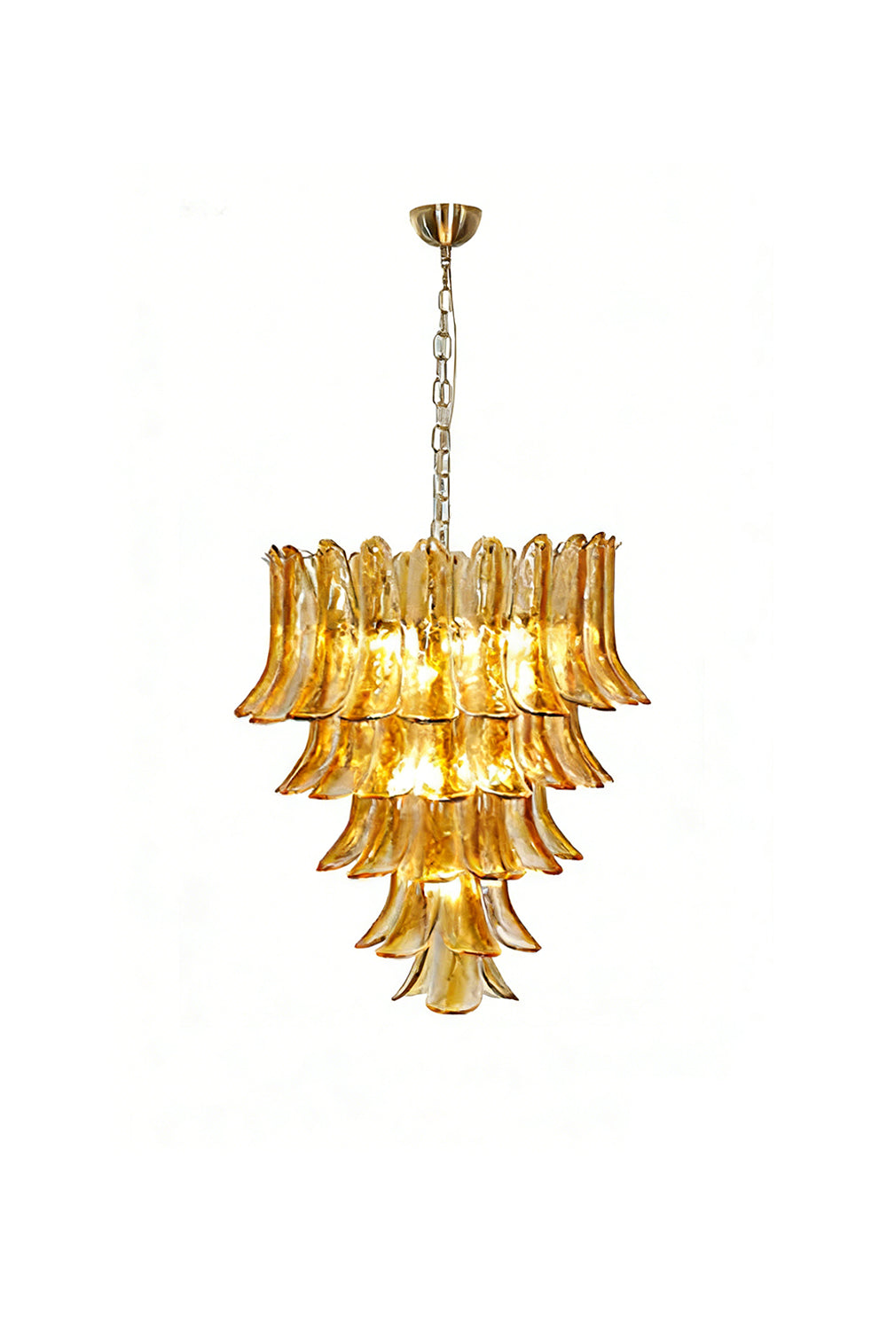 Lit tiered amber lily chandelier with brass chain | Metal, Glass | Full front product shot isolated on white background | vexa lamps