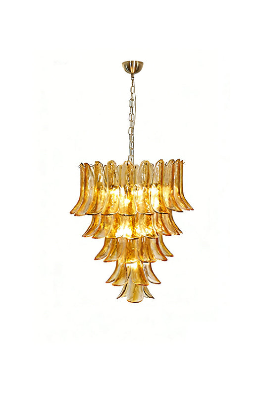 Lit tiered amber lily chandelier with brass chain | Metal, Glass | Full front product shot isolated on white background | vexa lamps