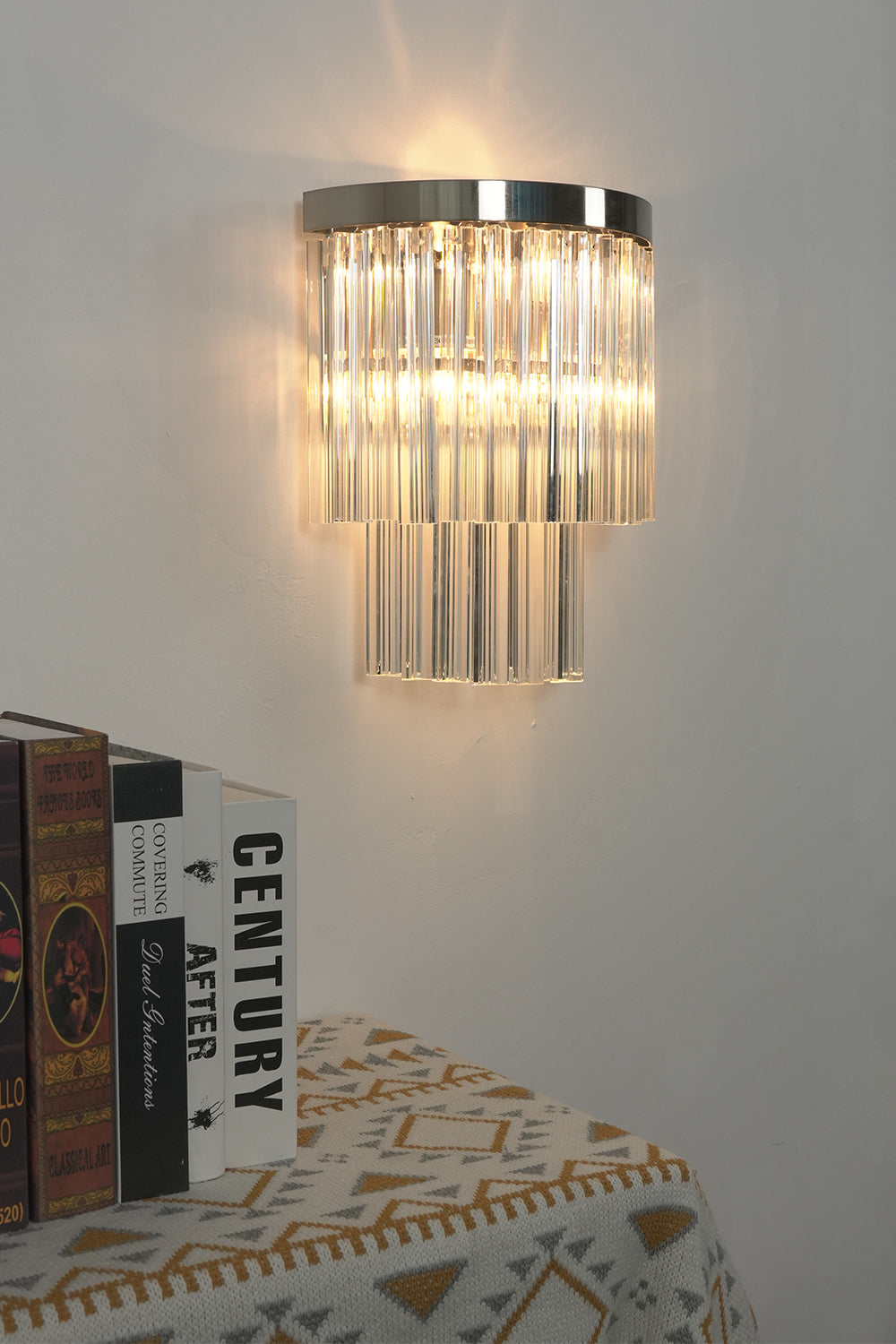 Lit tiered column glass wall light | Metal, Glass | Angled lit product shot | morylighting