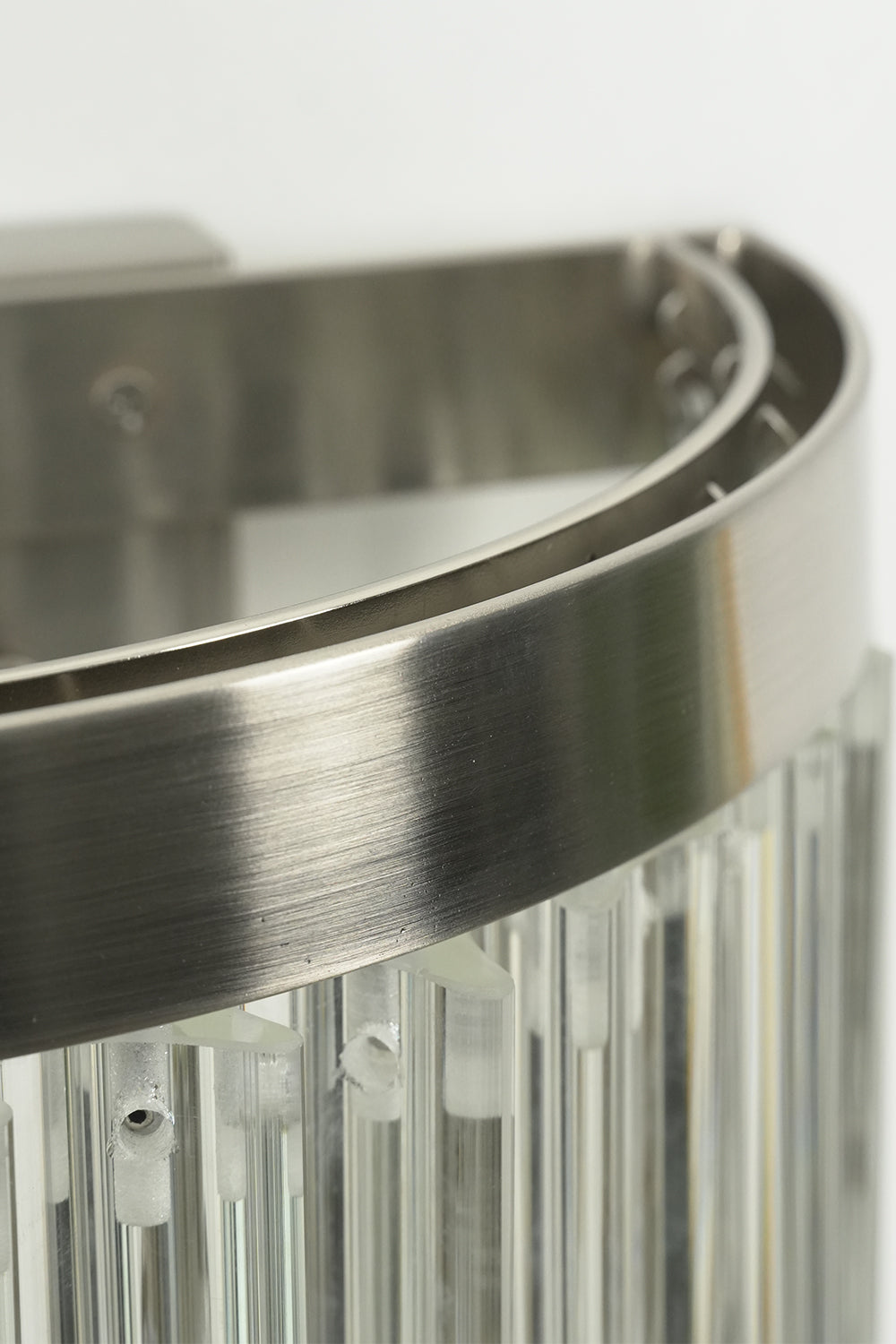 Angled close-up of unlit wall light top frame | Metal, Glass | Detail view of mounting and framework | morylighting