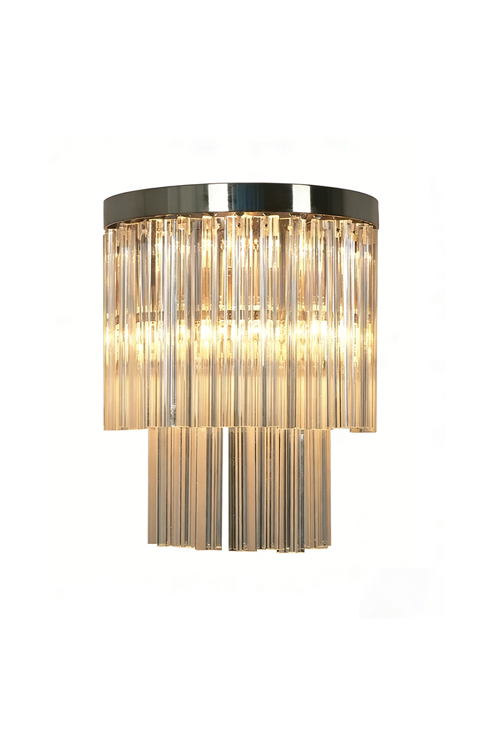 Lit tiered column glass wall light with vertical rods | Metal, Glass | Front product shot | morylighting