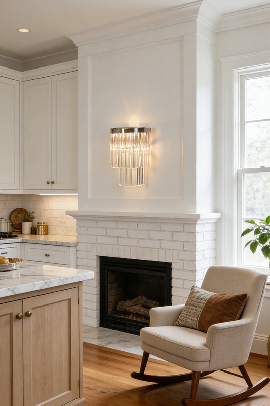 Lit tiered column glass wall light | Metal, Glass | Angled lit product shot | morylighting