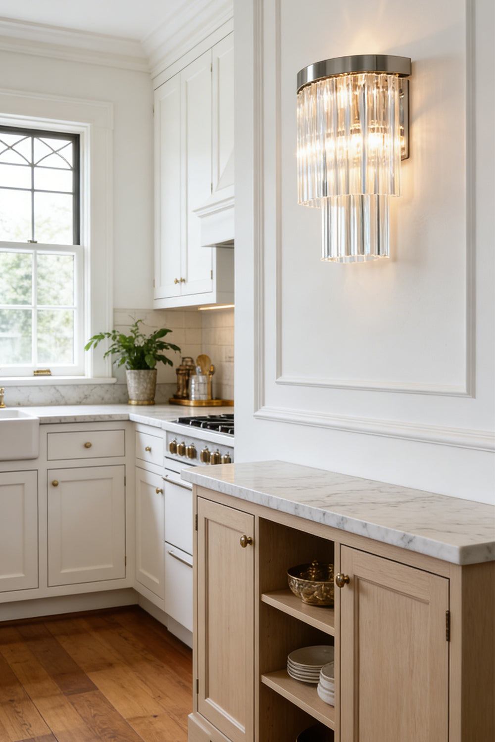 Lit tiered column glass wall light | Metal, Glass | Dining room scene above white wainscoting near a table | morylighting