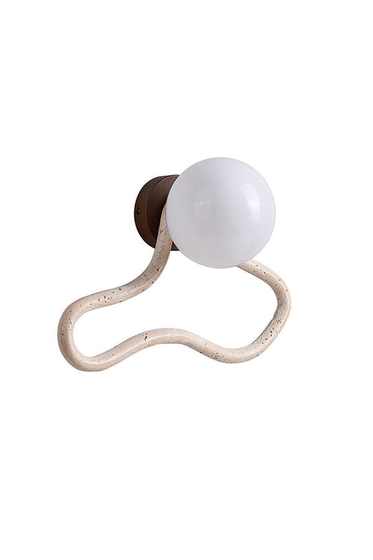 Travertine flow wall sconce with glass globe and wooden base | Travertine, Glass, Wood | Front view isolated on white background | vexa lamps