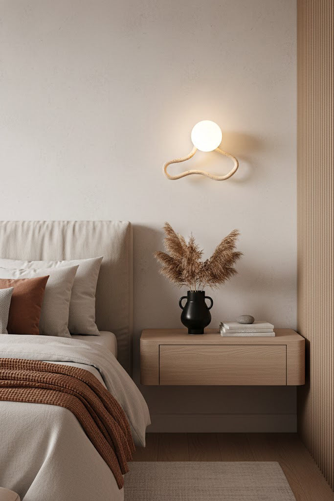 Flowing travertine wall sconce above a nightstand | Travertine, Glass, Wood | Bedroom scene with soft lighting and decor | vexa lamps