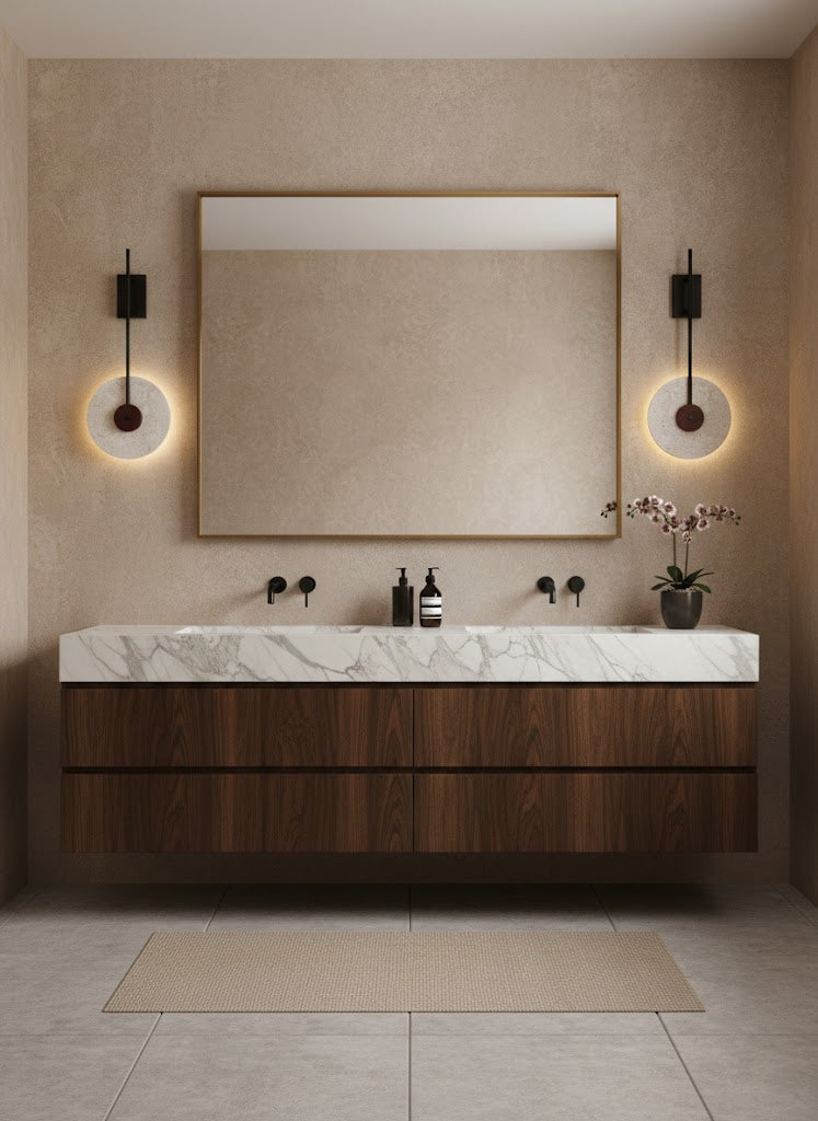 Pair of travertine halo wall lights flanking a bathroom mirror | Travertine, Wood, Metal | Modern vanity scene with marble counter and dark wood cabinets | vexa lamps