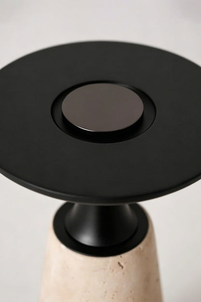 Travertine Obelisk Table Lamp detail | Metal | Top-down view of black metal finish and button | vexa lamps